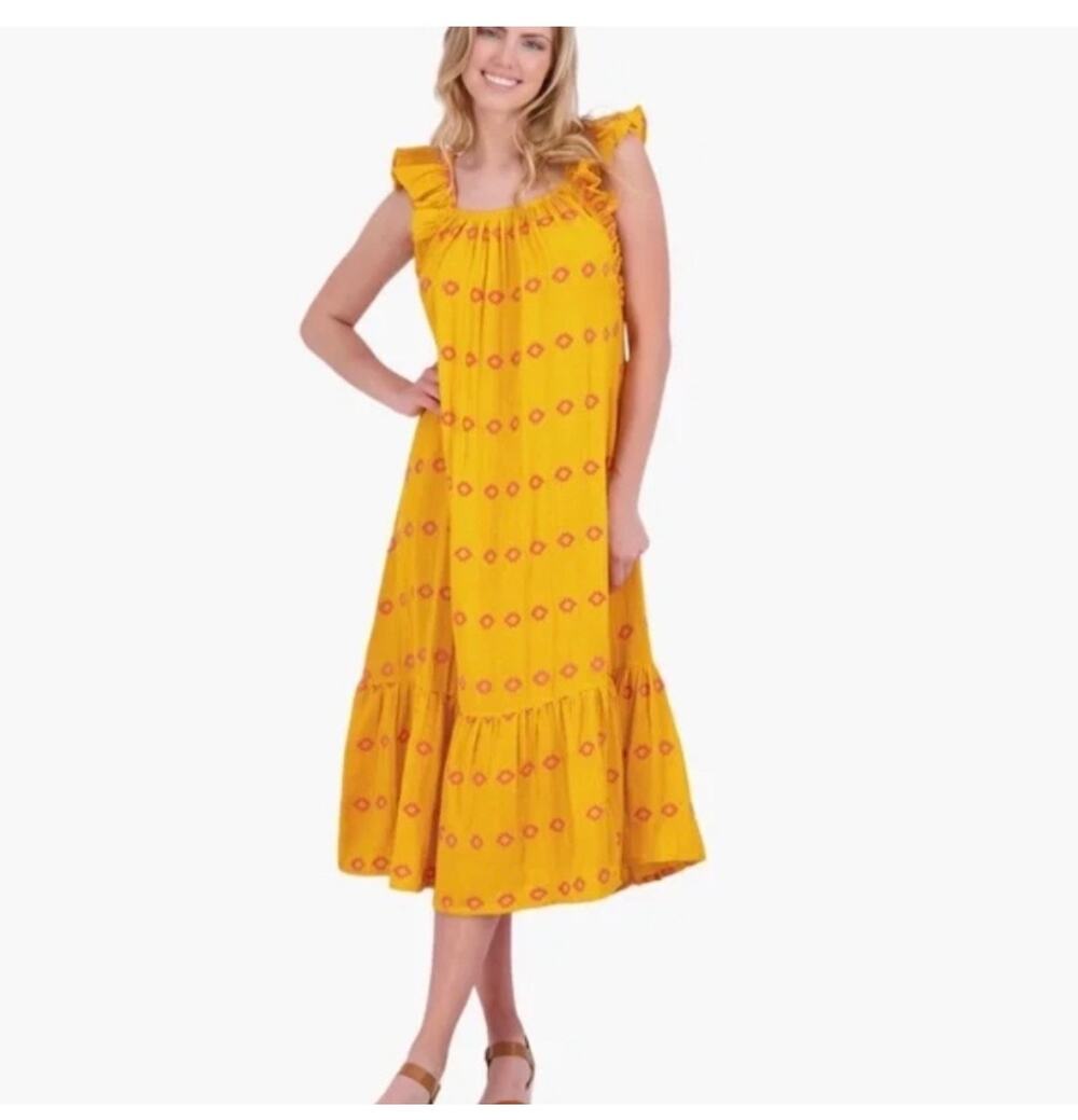 Mer St. Barth Eva Women's Ruffle Sundress in Marigold Embroidery